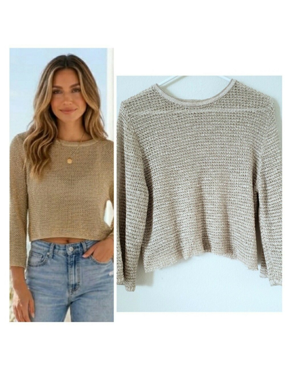 Zara Women's Metallic Open Knit Cropped Sweater Gold Mesh Crochet Crew L